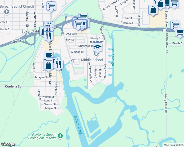 map of restaurants, bars, coffee shops, grocery stores, and more near 712 Whispering Bay Lane in Suisun City
