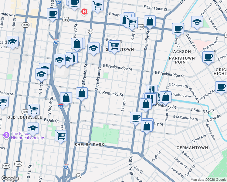 map of restaurants, bars, coffee shops, grocery stores, and more near 951 South Hancock Street in Louisville