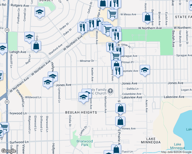 map of restaurants, bars, coffee shops, grocery stores, and more near 1713 Moore Avenue in Pueblo