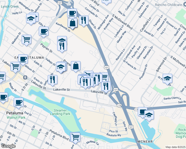 map of restaurants, bars, coffee shops, grocery stores, and more near 801 Lindberg Lane in Petaluma