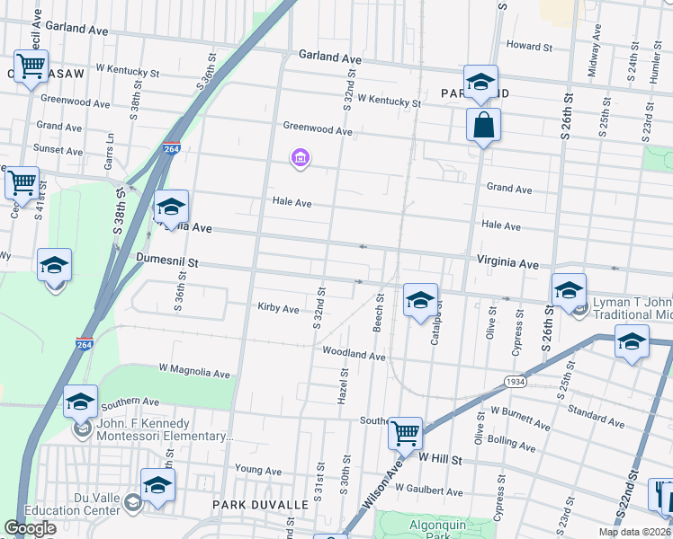 map of restaurants, bars, coffee shops, grocery stores, and more near 3110 Virginia Avenue in Louisville