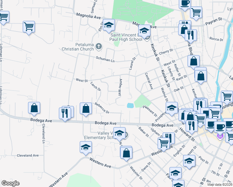 map of restaurants, bars, coffee shops, grocery stores, and more near 812 Gilardi Drive in Petaluma