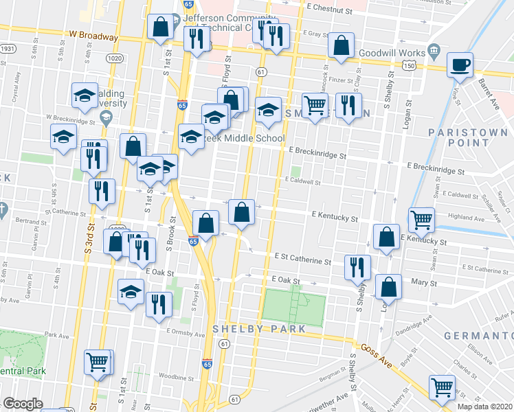 map of restaurants, bars, coffee shops, grocery stores, and more near 443 East Kentucky Street in Louisville