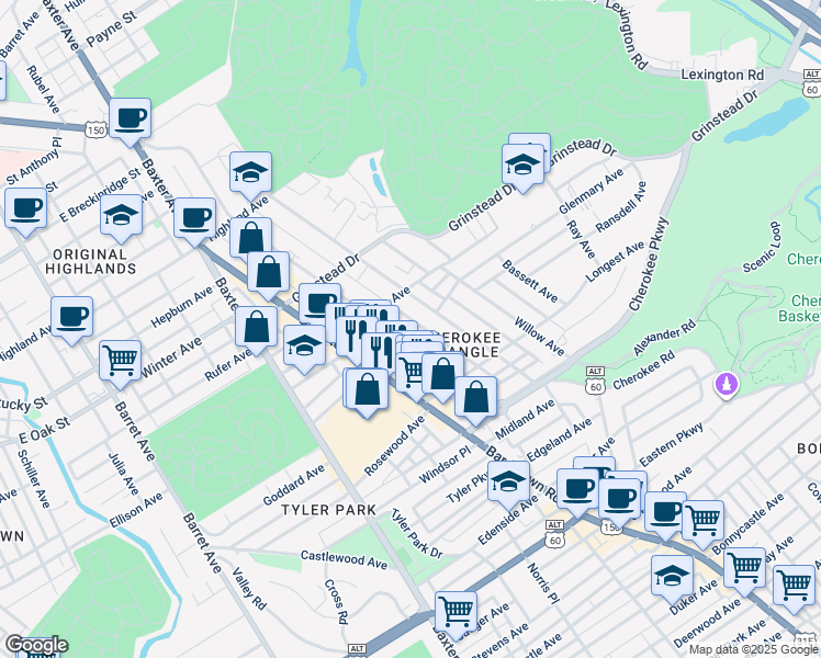map of restaurants, bars, coffee shops, grocery stores, and more near 1222 Everett Avenue in Louisville