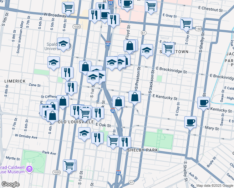 map of restaurants, bars, coffee shops, grocery stores, and more near 218 East Kentucky Street in Louisville