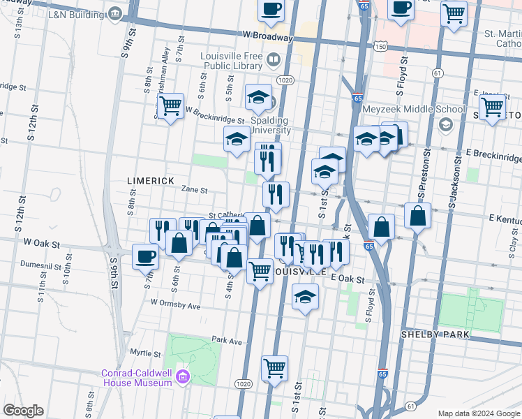 map of restaurants, bars, coffee shops, grocery stores, and more near 1023 South 3rd Street in Louisville