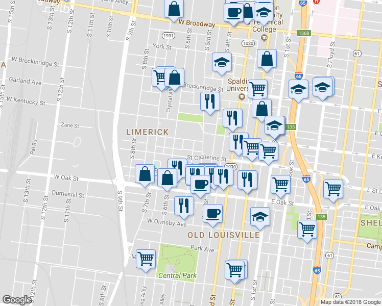 map of restaurants, bars, coffee shops, grocery stores, and more near 1040 South 5th Street in Louisville