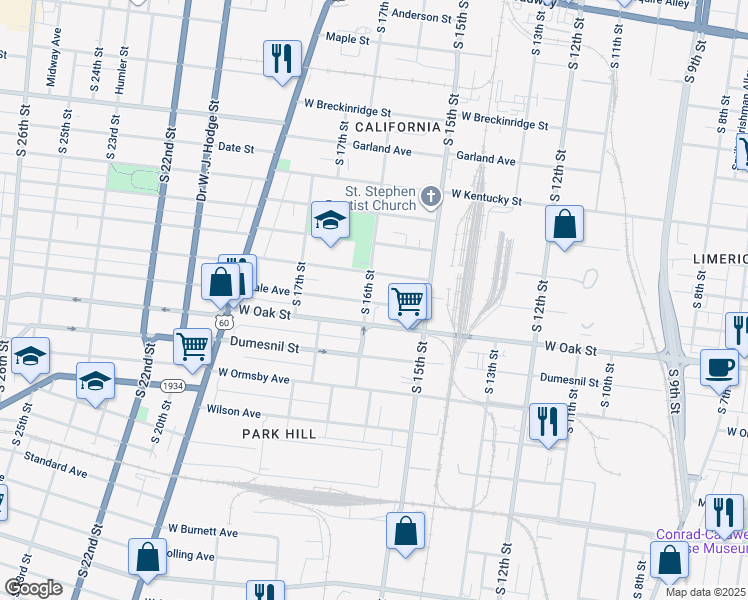 map of restaurants, bars, coffee shops, grocery stores, and more near 1141 South 16th Street in Louisville