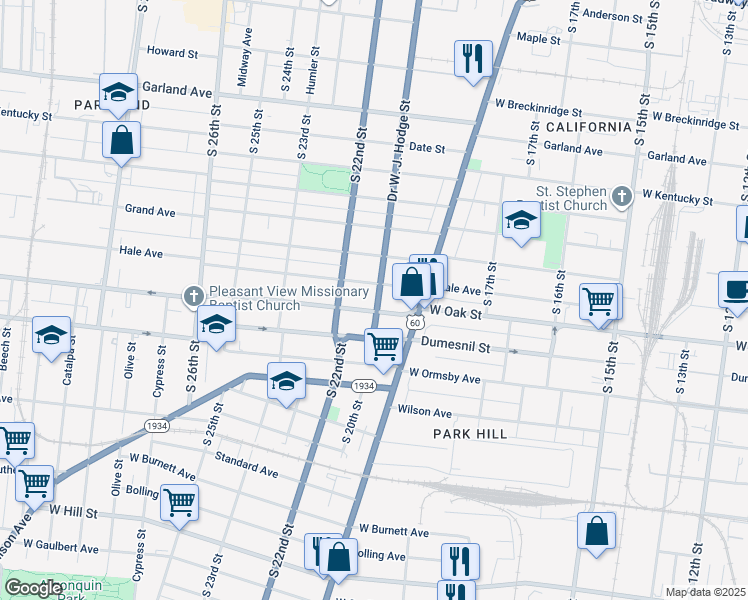 map of restaurants, bars, coffee shops, grocery stores, and more near 1832 Hale Avenue in Louisville