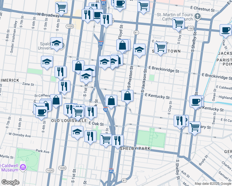 map of restaurants, bars, coffee shops, grocery stores, and more near in Louisville