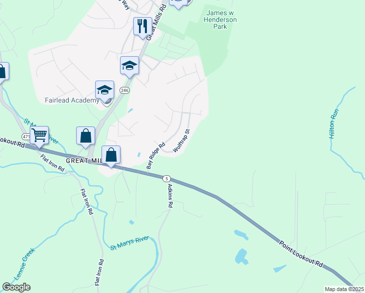 map of restaurants, bars, coffee shops, grocery stores, and more near 20760 Wolftrap Street in Lexington Park
