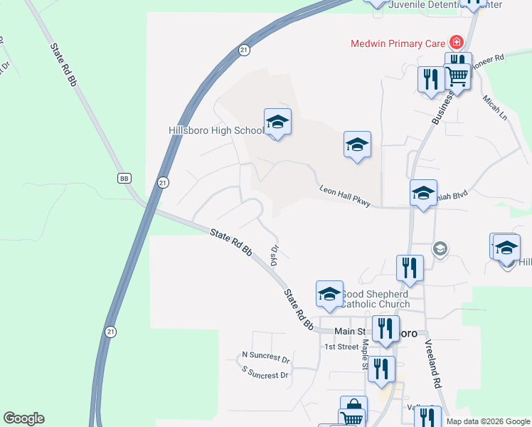 map of restaurants, bars, coffee shops, grocery stores, and more near 826 Hawks Circle Drive in Hillsboro