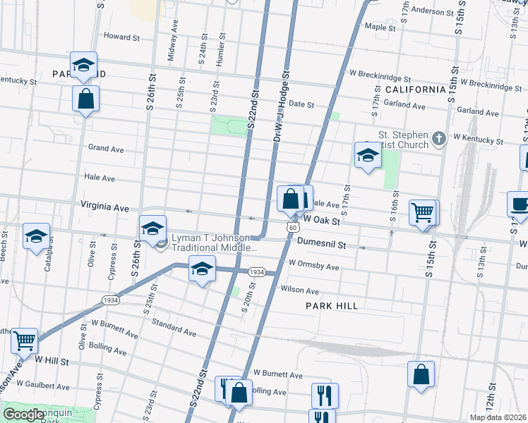 map of restaurants, bars, coffee shops, grocery stores, and more near 1832 Hale Avenue in Louisville