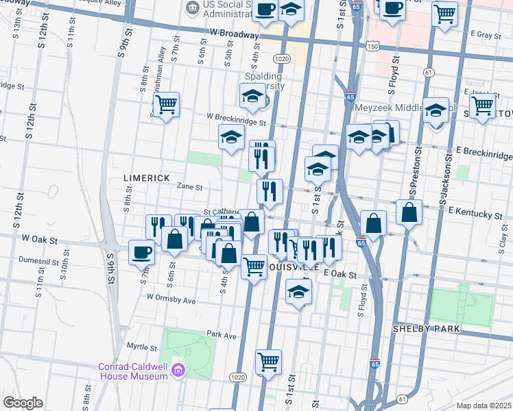 map of restaurants, bars, coffee shops, grocery stores, and more near 1026 South 3rd Street in Louisville