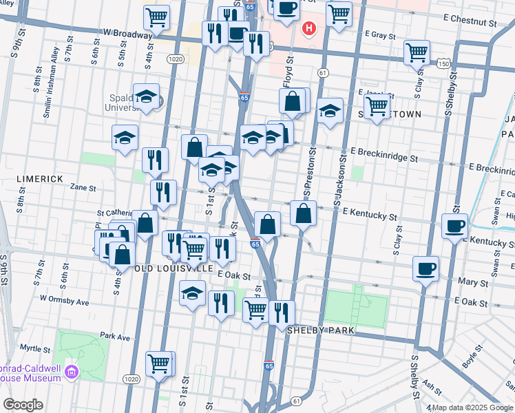 map of restaurants, bars, coffee shops, grocery stores, and more near 230 East Kentucky Street in Louisville