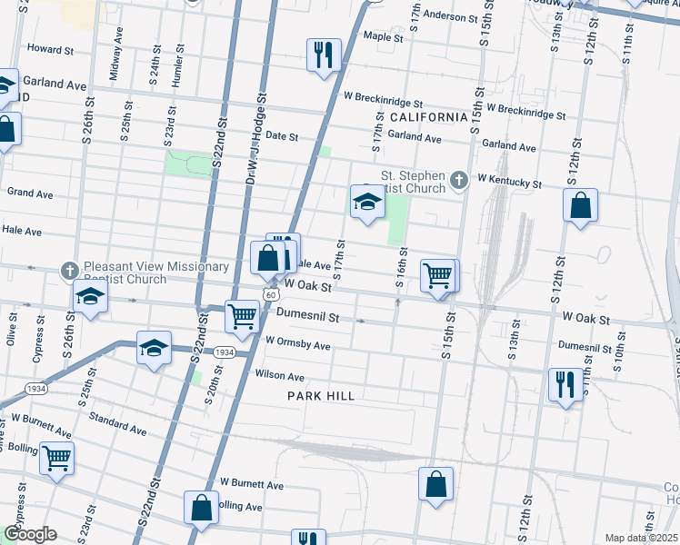 map of restaurants, bars, coffee shops, grocery stores, and more near 1653 Hale Avenue in Louisville