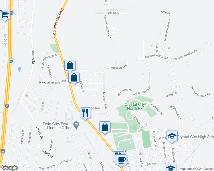 map of restaurants, bars, coffee shops, grocery stores, and more near 1922 Missouri Ave in Crystal City