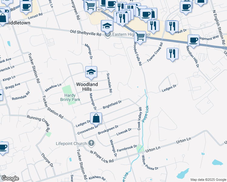 map of restaurants, bars, coffee shops, grocery stores, and more near 507 Scarsdale Road in Louisville
