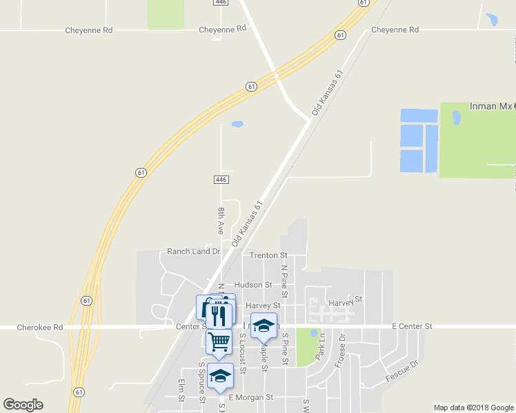 map of restaurants, bars, coffee shops, grocery stores, and more near Old Kansas 61 in Inman