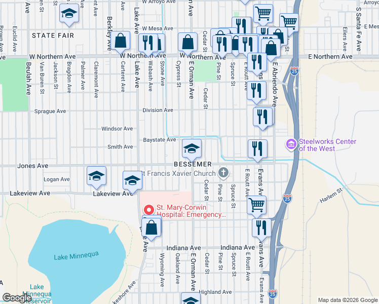 map of restaurants, bars, coffee shops, grocery stores, and more near 1614 East Orman Avenue in Pueblo