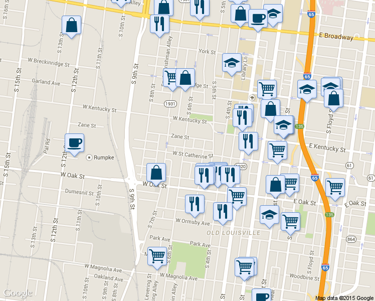 map of restaurants, bars, coffee shops, grocery stores, and more near 1041 South 6th Street in Louisville