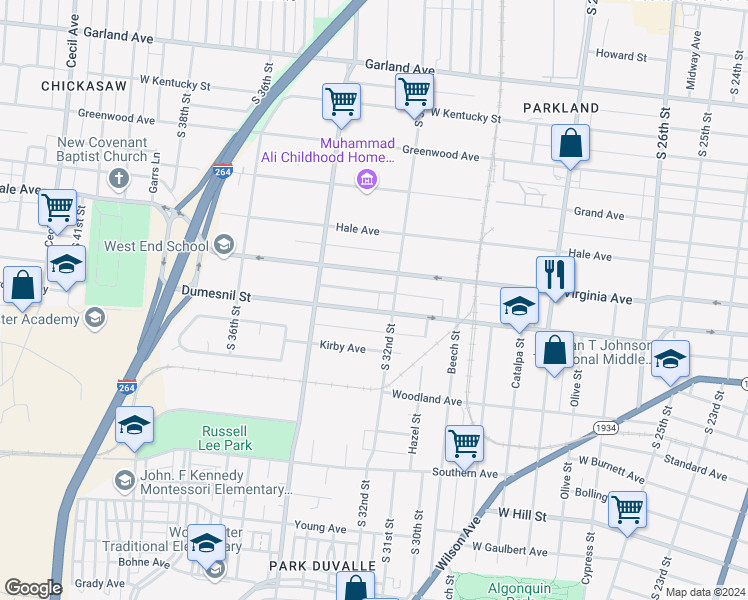 map of restaurants, bars, coffee shops, grocery stores, and more near 1218 South 32nd Street in Louisville