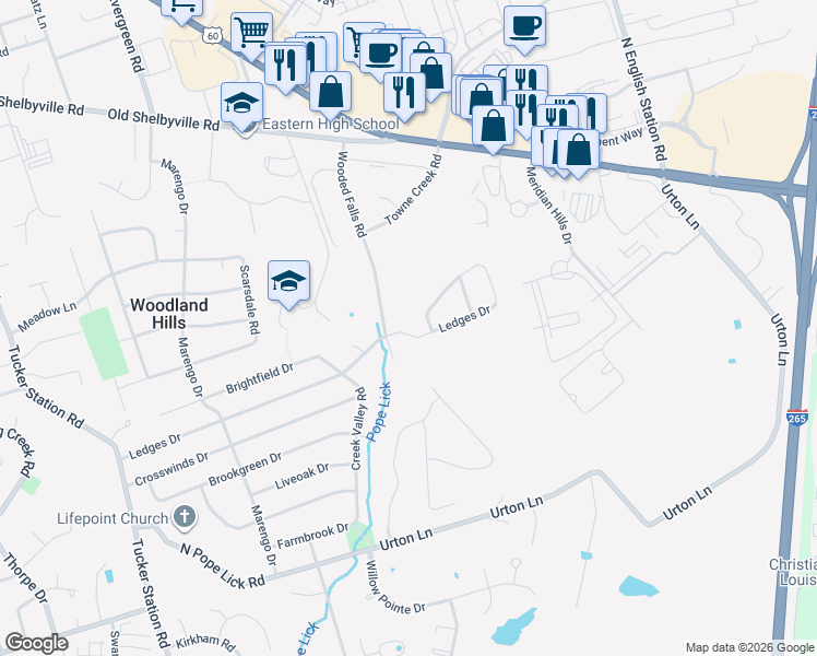 map of restaurants, bars, coffee shops, grocery stores, and more near 12705 Ledges Drive in Louisville