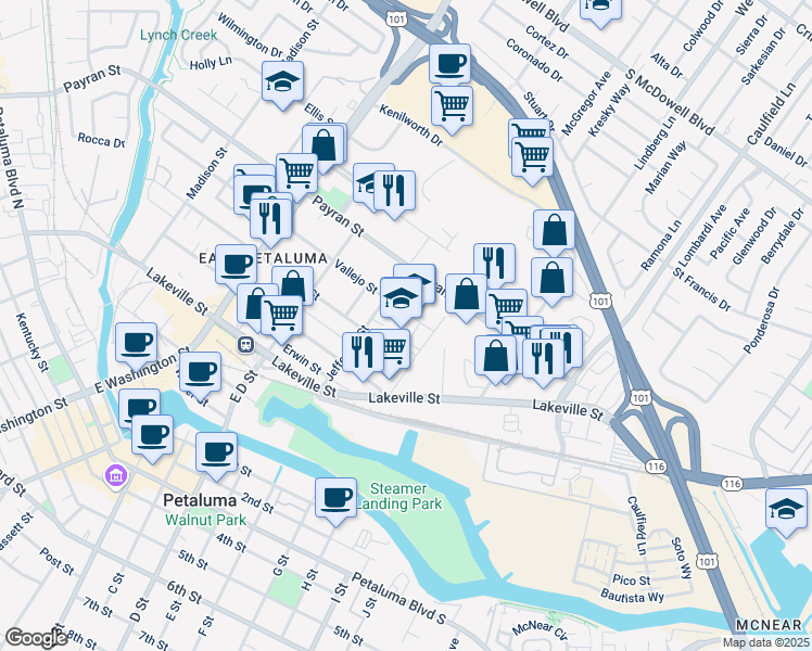 map of restaurants, bars, coffee shops, grocery stores, and more near 500 Vallejo Street in Petaluma