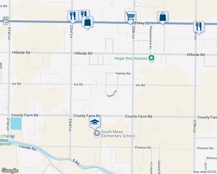 map of restaurants, bars, coffee shops, grocery stores, and more near 1345 Terry Circle in Pueblo