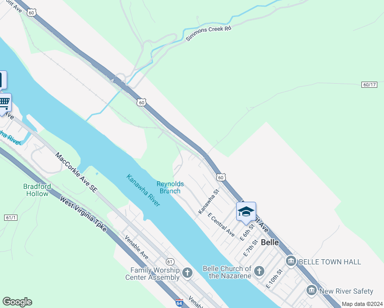 map of restaurants, bars, coffee shops, grocery stores, and more near 310 Stubb Drive in Belle