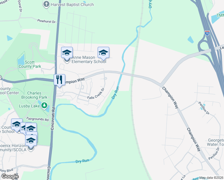 map of restaurants, bars, coffee shops, grocery stores, and more near 136 Falls Creek Drive in Georgetown