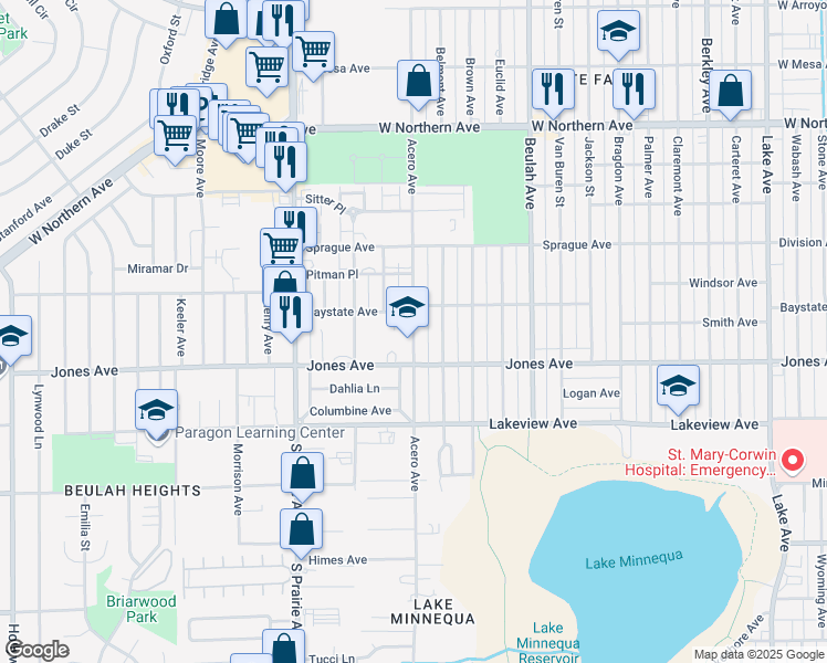 map of restaurants, bars, coffee shops, grocery stores, and more near 1745 Acero Avenue in Pueblo