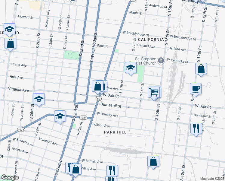 map of restaurants, bars, coffee shops, grocery stores, and more near 1724 Hale Avenue in Louisville