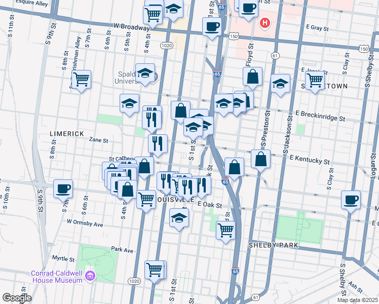 map of restaurants, bars, coffee shops, grocery stores, and more near 2 South 1st Street in Louisville