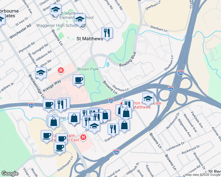 map of restaurants, bars, coffee shops, grocery stores, and more near 1200-1298 Browns Lane in Saint Matthews