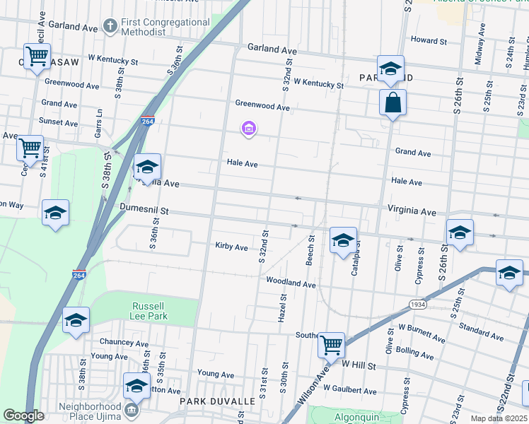 map of restaurants, bars, coffee shops, grocery stores, and more near 1218 South 32nd Street in Louisville