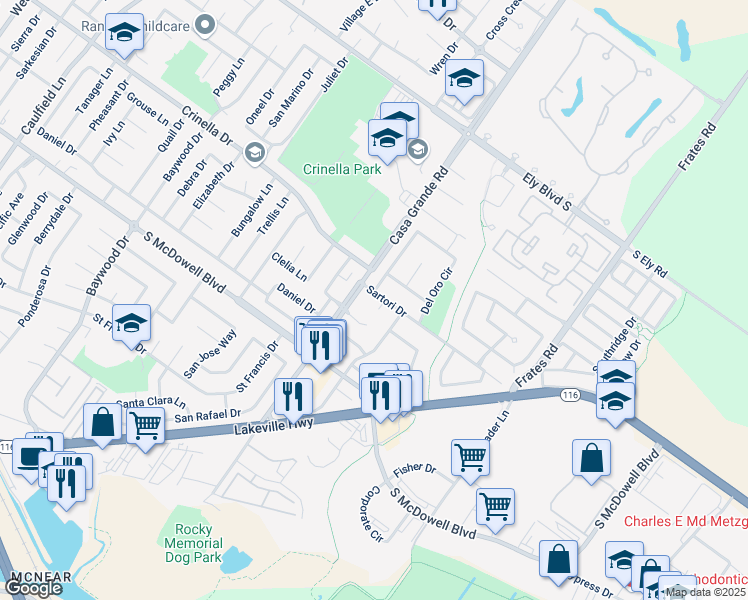 map of restaurants, bars, coffee shops, grocery stores, and more near 608 Sartori Drive in Petaluma