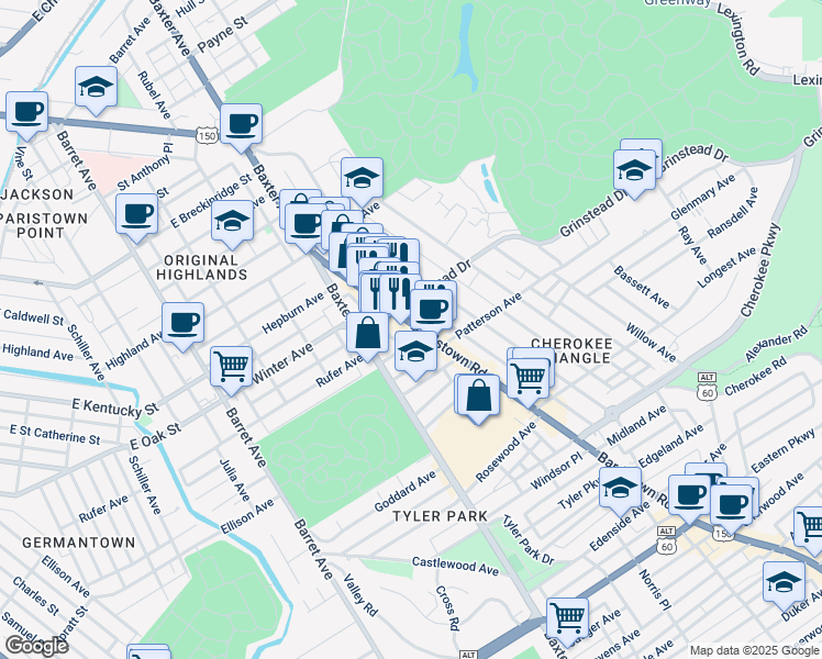 map of restaurants, bars, coffee shops, grocery stores, and more near 1120 Bardstown Road in Louisville
