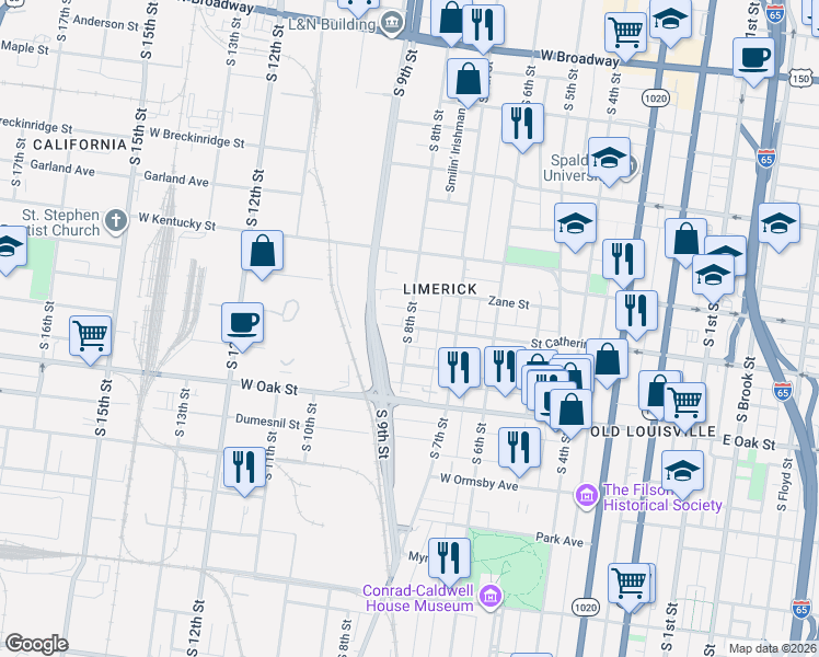 map of restaurants, bars, coffee shops, grocery stores, and more near 502 W Street Catherine Street in Louisville