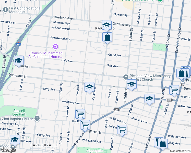 map of restaurants, bars, coffee shops, grocery stores, and more near 2826 Virginia Avenue in Louisville