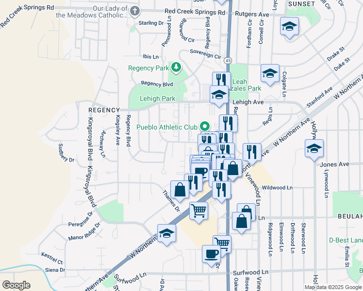 map of restaurants, bars, coffee shops, grocery stores, and more near 43 Glenroyal Drive in Pueblo