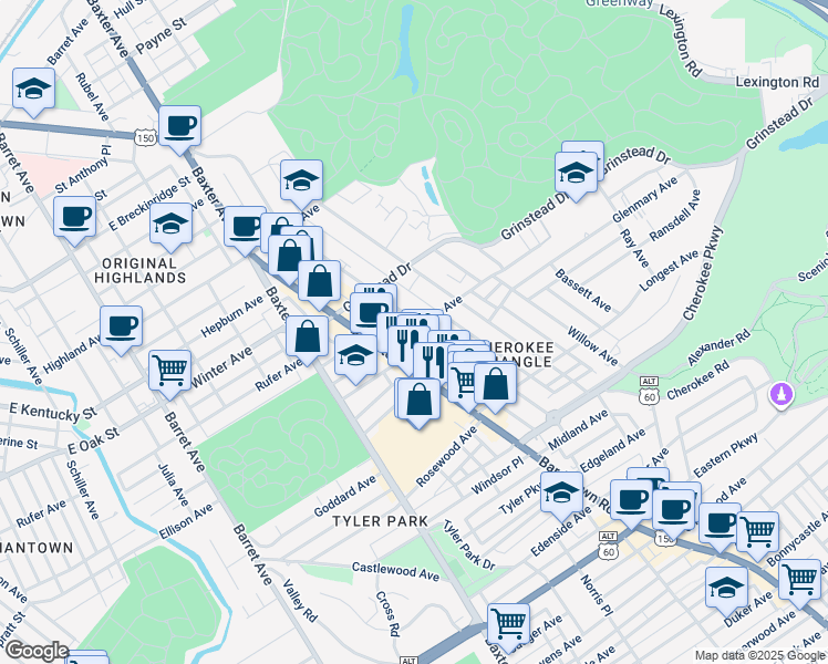 map of restaurants, bars, coffee shops, grocery stores, and more near 1206 Cherokee Road in Louisville