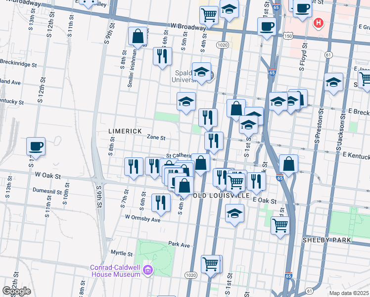 map of restaurants, bars, coffee shops, grocery stores, and more near 1023 South 4th Street in Louisville