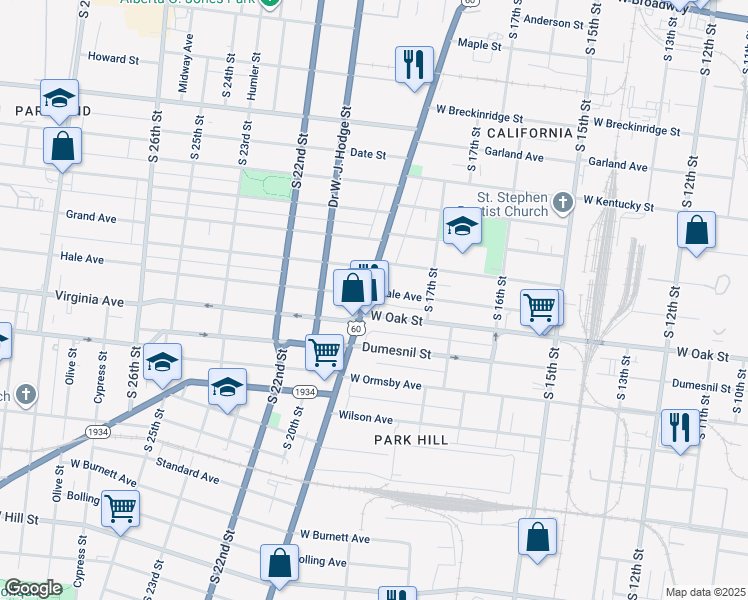 map of restaurants, bars, coffee shops, grocery stores, and more near 1157 U.S. 60 in Louisville