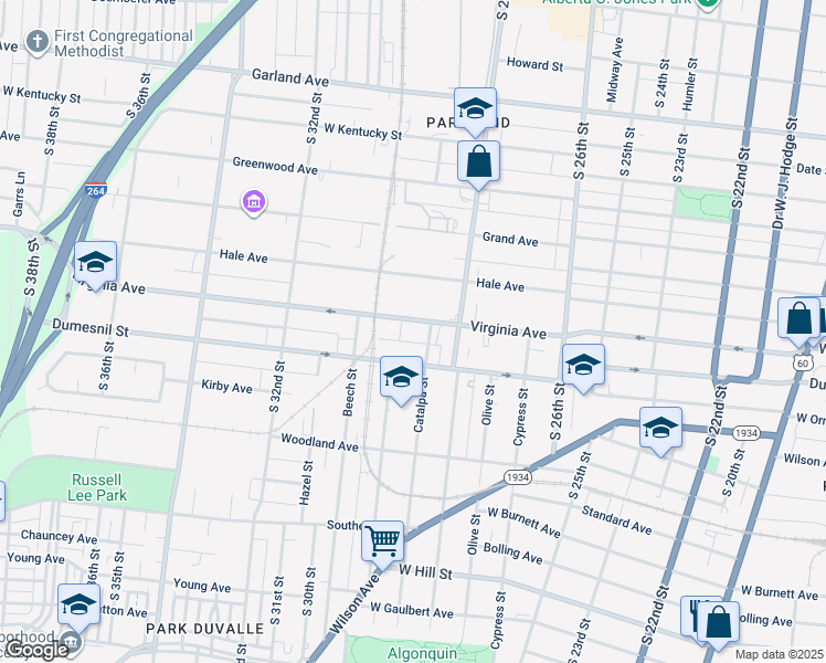 map of restaurants, bars, coffee shops, grocery stores, and more near 2826 Virginia Avenue in Louisville