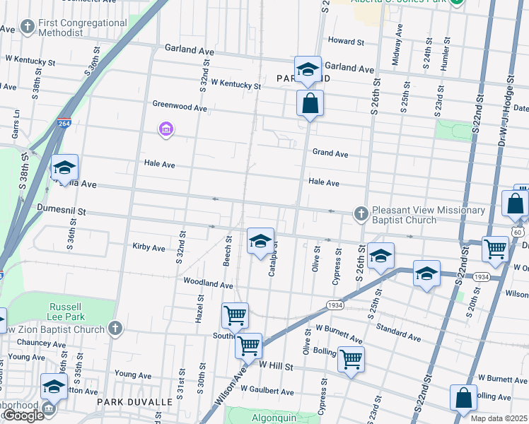 map of restaurants, bars, coffee shops, grocery stores, and more near 2920 Virginia Avenue in Louisville