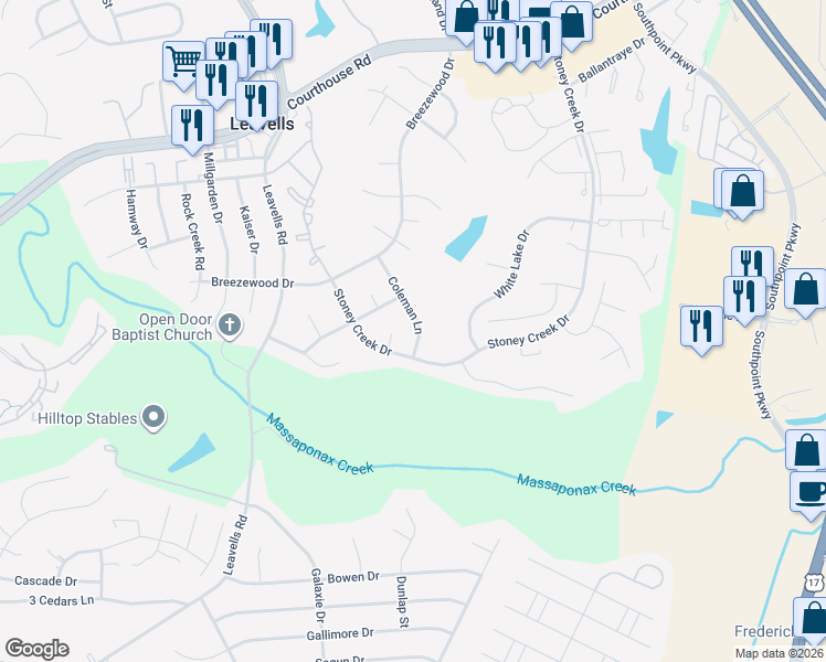 map of restaurants, bars, coffee shops, grocery stores, and more near 1905 Coleman Lane in Fredericksburg