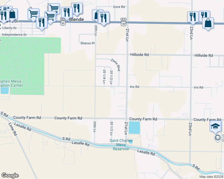 map of restaurants, bars, coffee shops, grocery stores, and more near 2062 Iris Road in Pueblo