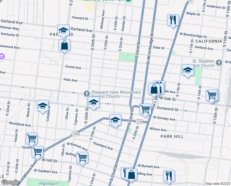map of restaurants, bars, coffee shops, grocery stores, and more near 1171 South 23rd Street in Louisville