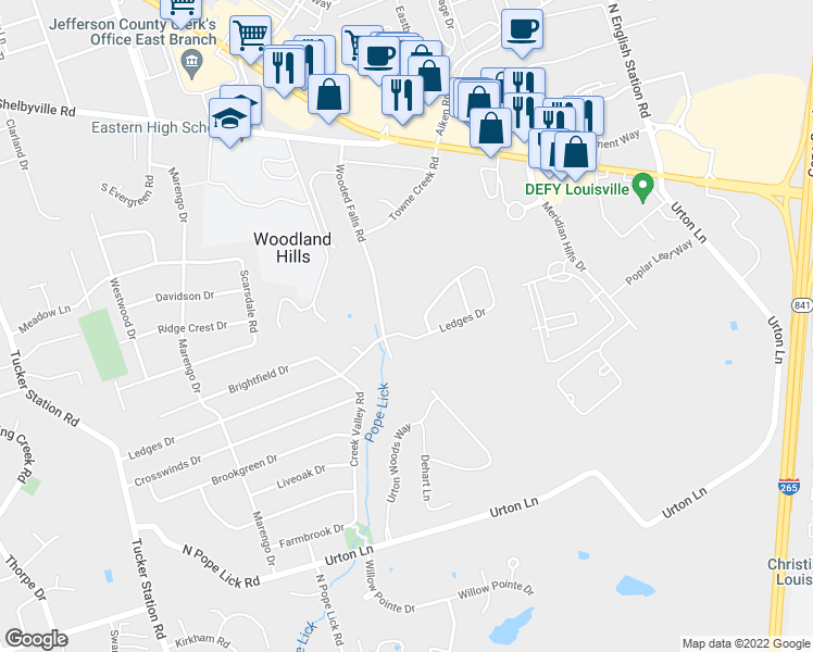 map of restaurants, bars, coffee shops, grocery stores, and more near 12705 Ledges Drive in Louisville